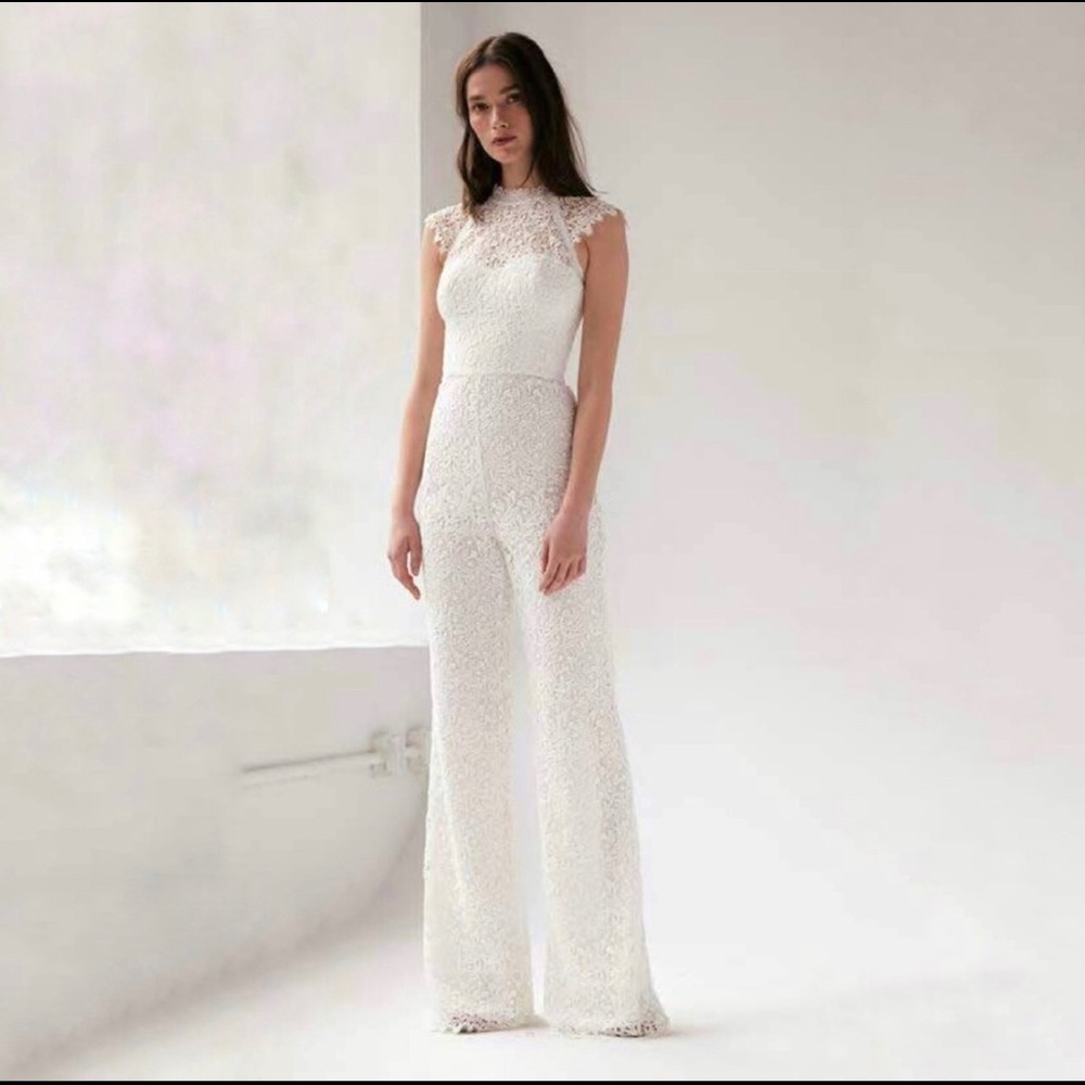 NWT ML Monique Lhuillier Cap Sleeve Lace Jumpsuit